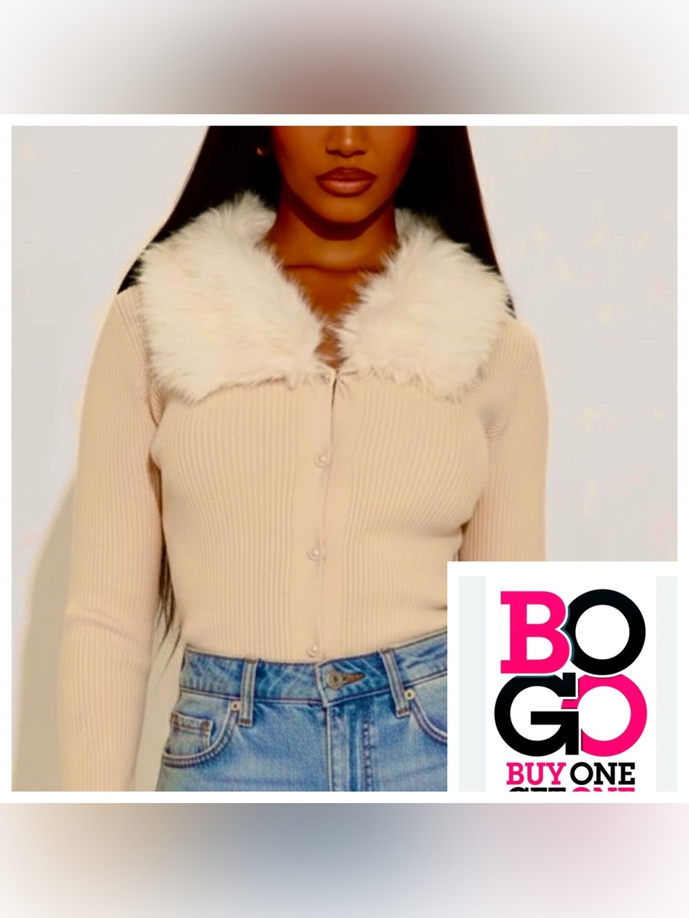 Fashion Nova Cardigan Faux Fur Trim Ribbed Beige Button-Up
Size Junior Large